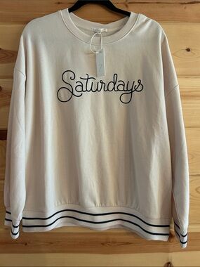 NWT Z Supply Ivory 'Saturdays' Script Crewneck with Navy Trim, Size M